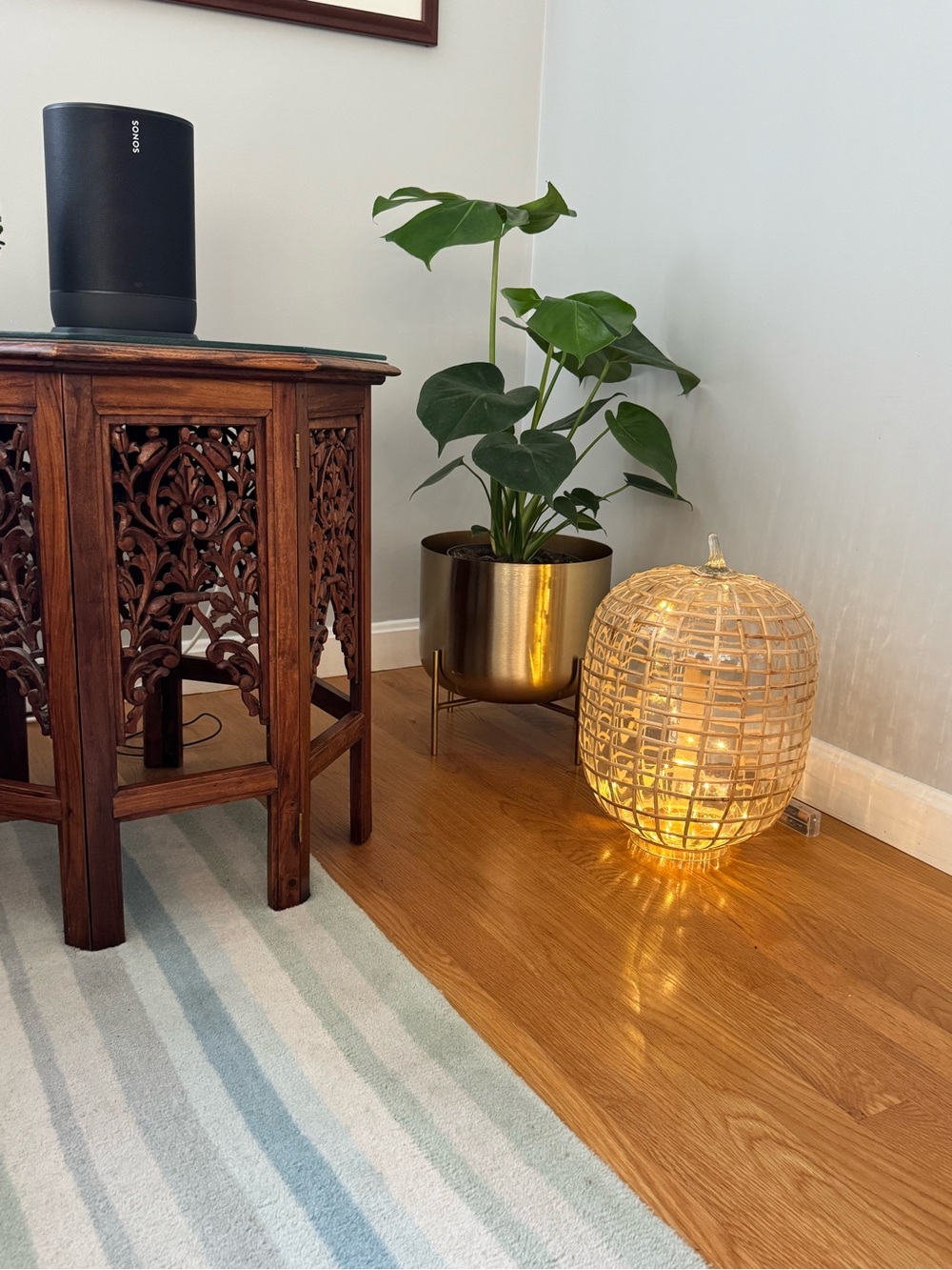 Pottery Barn Recycled Glass Pumpkin with Natural Rattan Cage